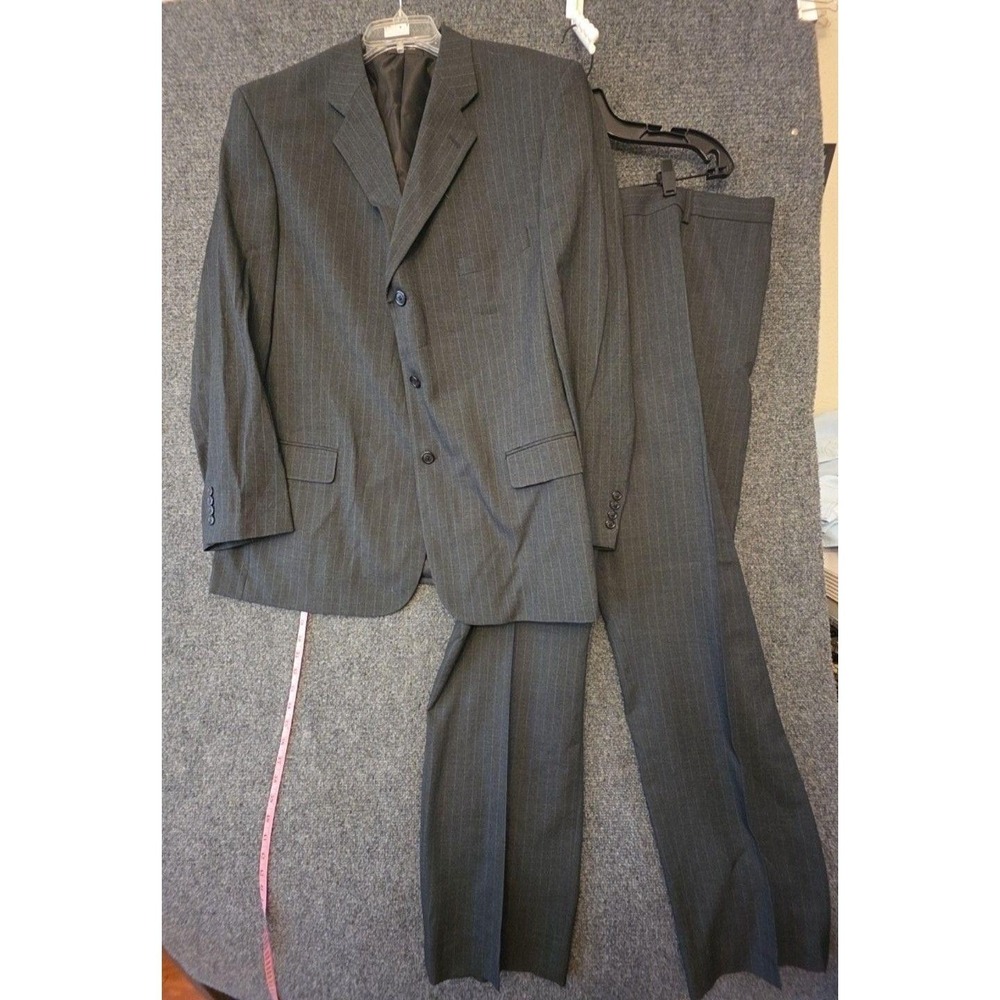 George Suit Mens 44 44x32 Gray Poly Viscose Stripe 2 Piece Jacket Pants Formal
